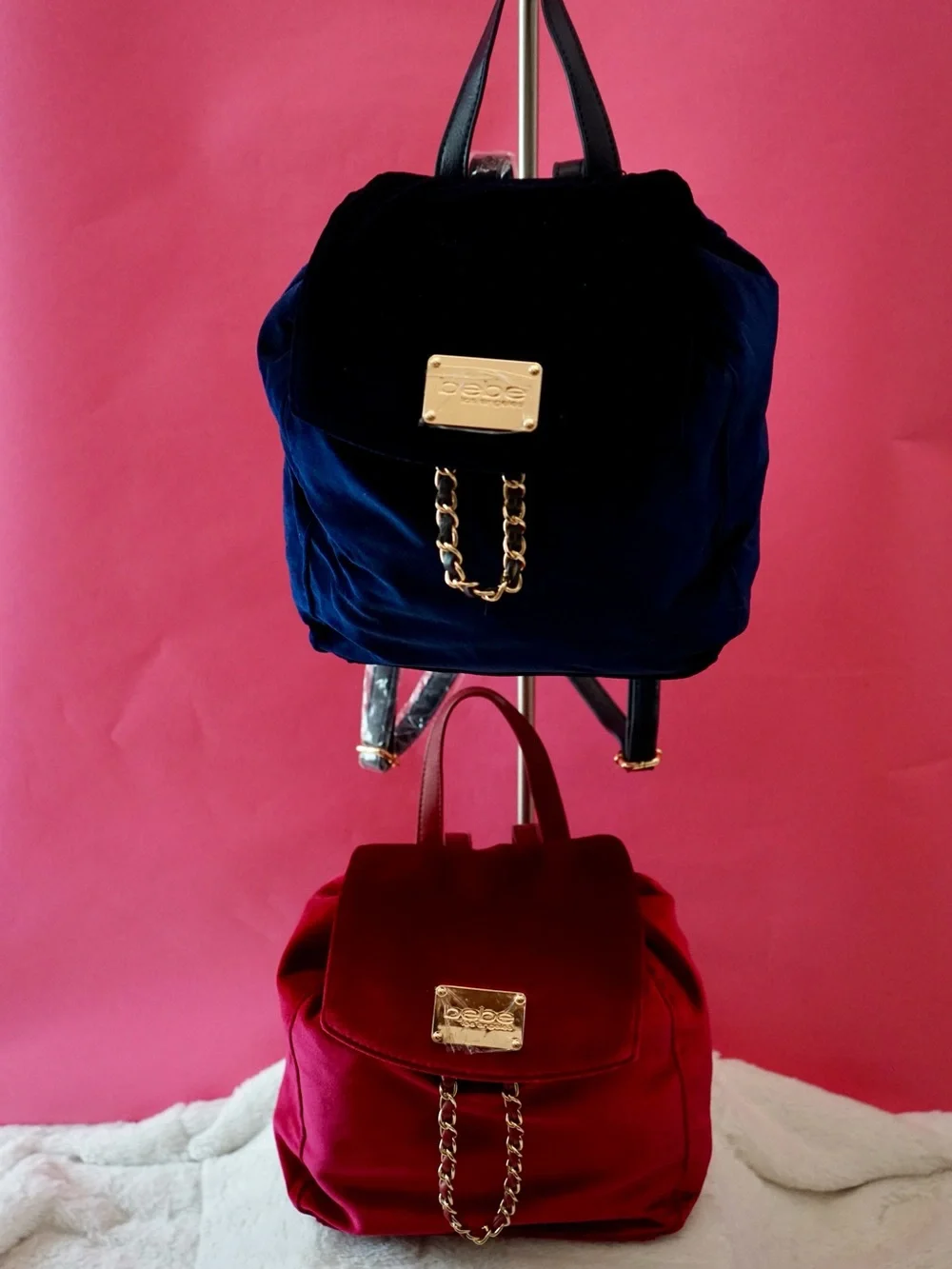 ⁠NWT Bebe Los Angeles Wine Red Velour Mini Backpack Gold Chain Detail Purse